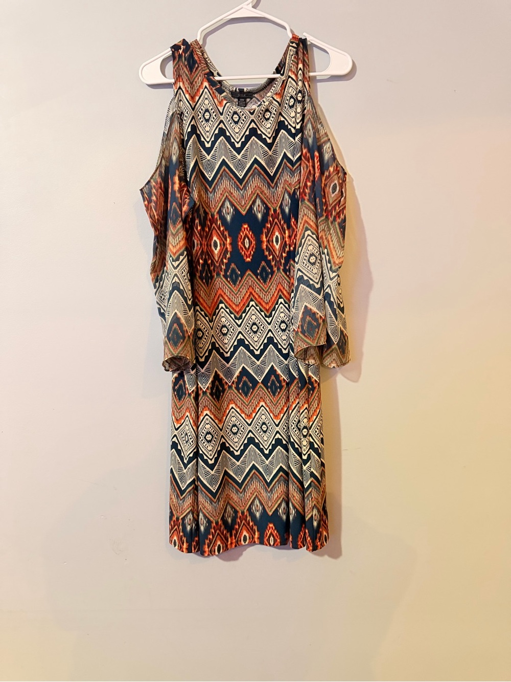 R&K Cold Shoulder Geo-Print Dress in Navy and Rust